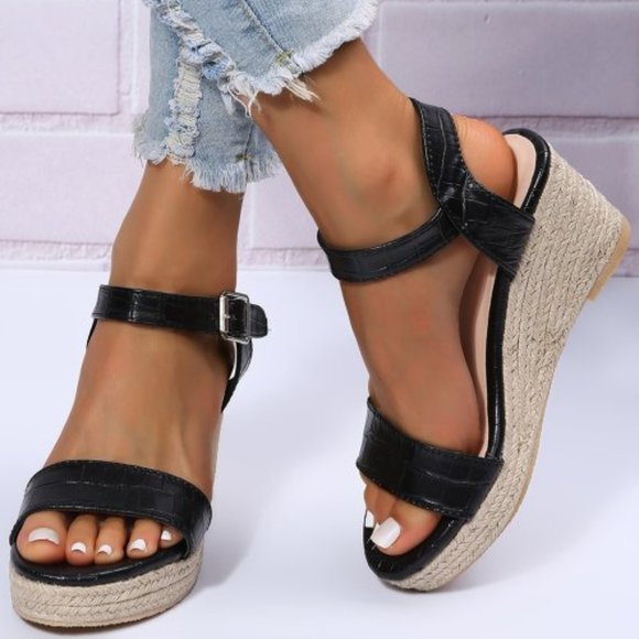 YASIRUN Shoes Yasirun Black Crocembossed Espadrille Wedge Sandal Zl84 Poshmark